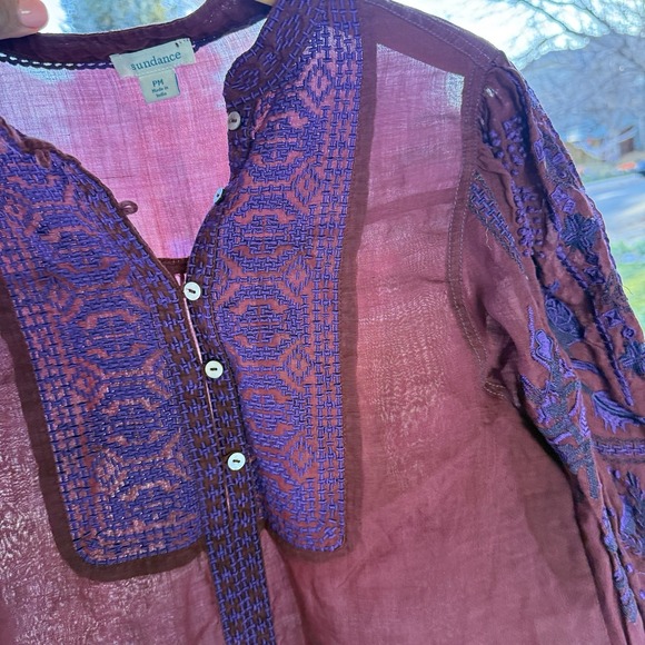 Sundance Christiane Embroidered Blouse PM Burgundy Purple Boho Ramie Top $138 - Picture 9 of 14